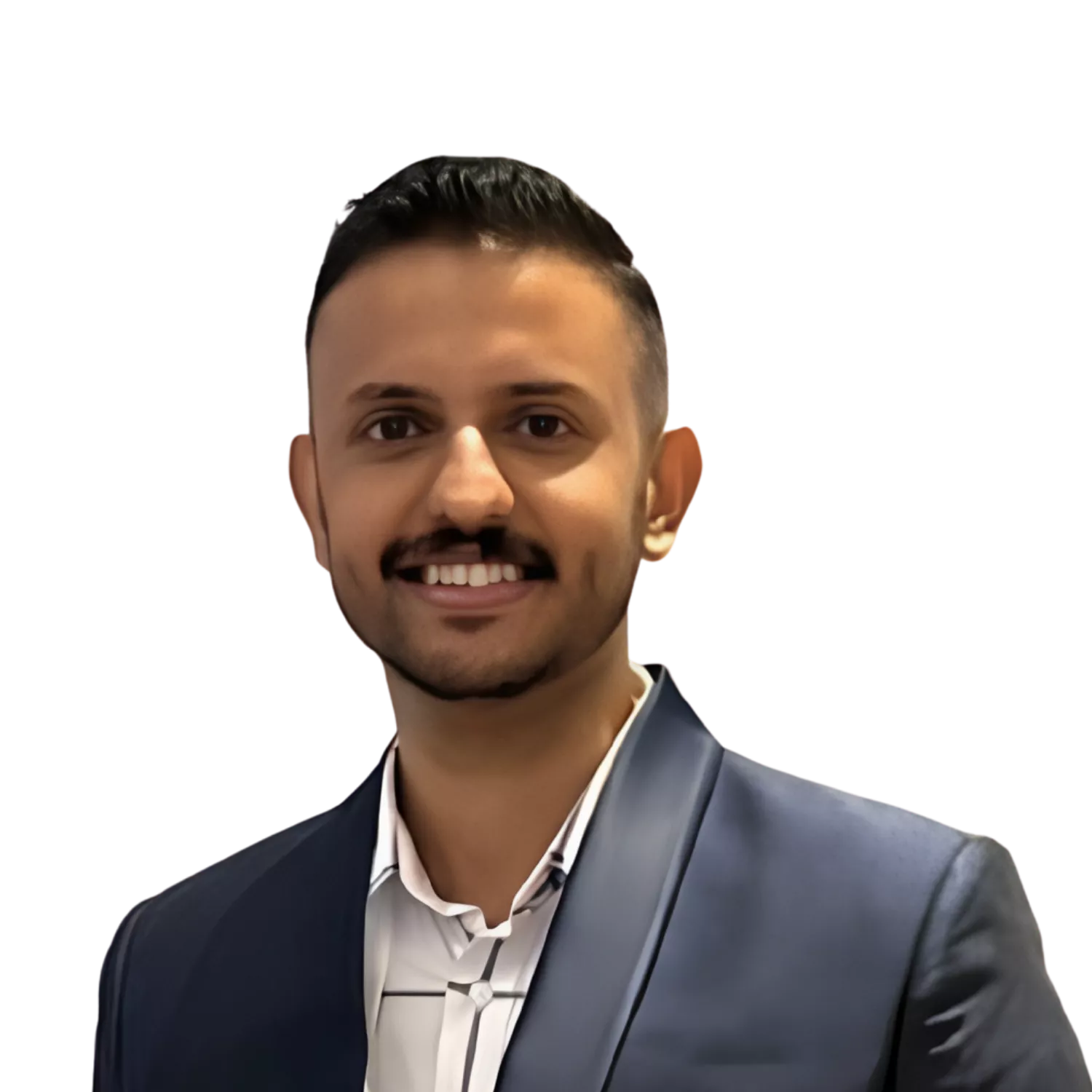 Portrait photo of Qutbuddin Habib, male with short hair, wearing a dark blazer and shirt, looking confident with folded arms