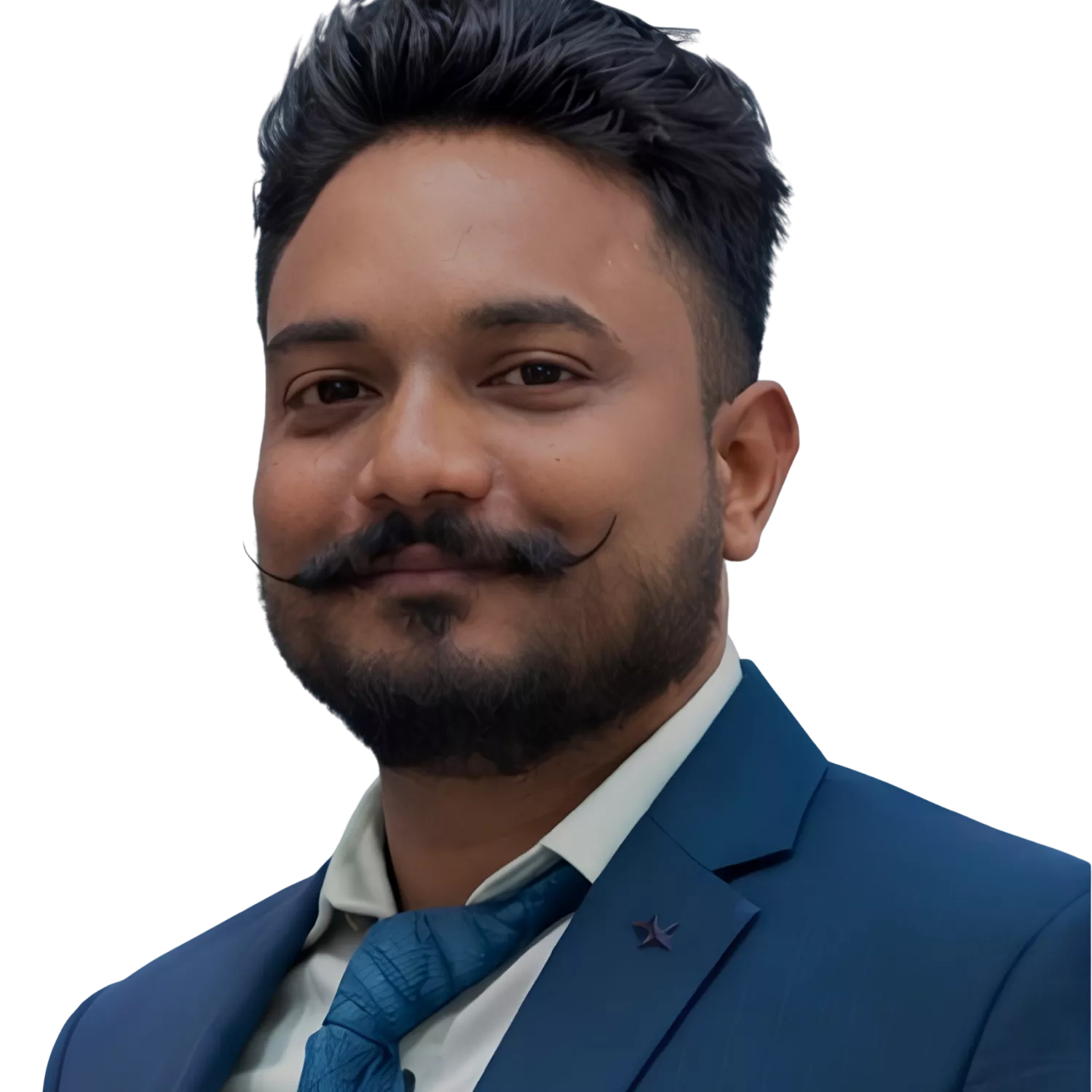Portrait photo of Qutbuddin Habib, male with short hair, wearing a dark blazer and shirt, looking confident with folded arms